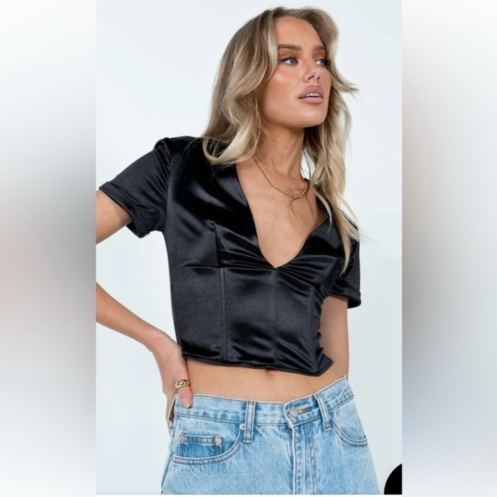 Nasty Gal Black Satin Deep V Crop Top